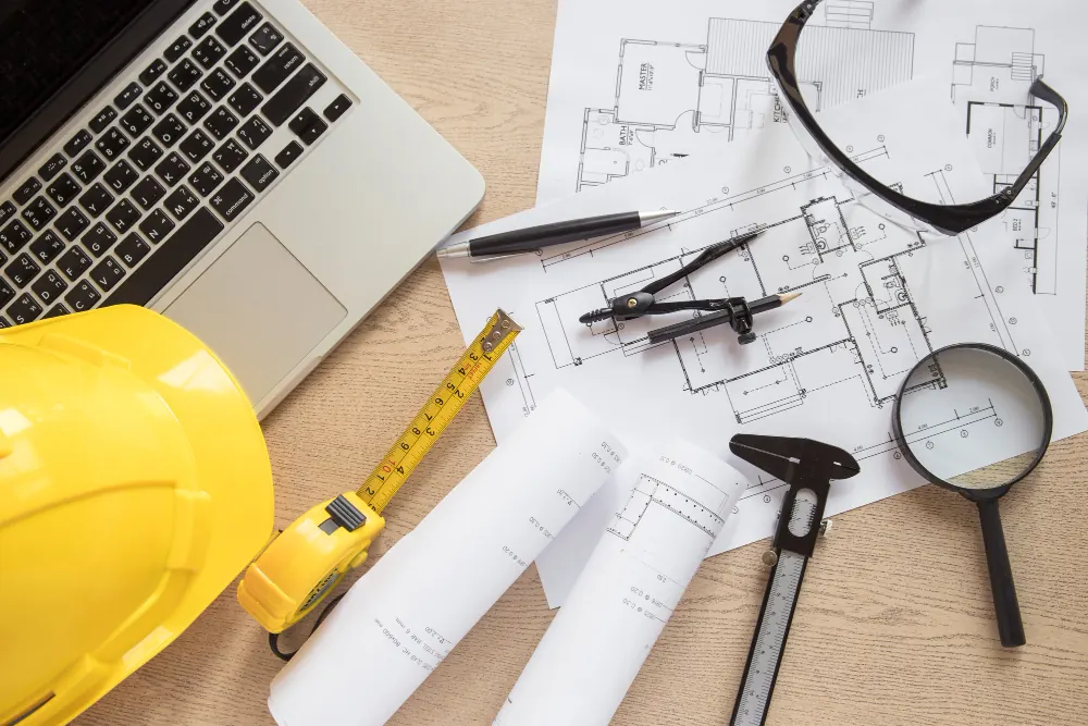 Building plans, a hard hat and drafting tools on a desk
